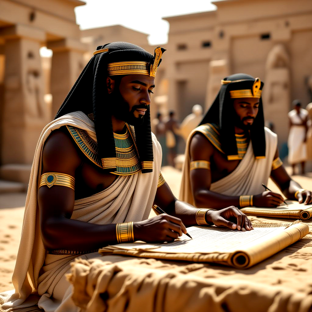 ancient Egyptian priest and scribes with papyrus 